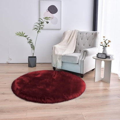 duduta Burgundy Faux Fur Round Rug 4x4 ft, Fluffy Shag Sheepskin Circle Rug for Nursery Bedroom Living Room Washable