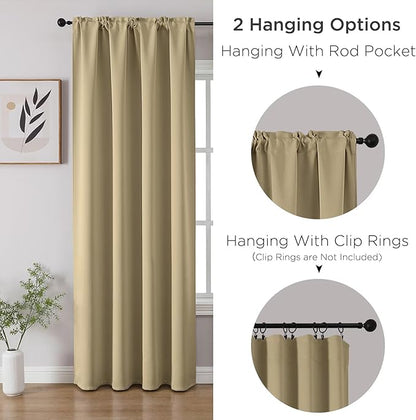CUCRAF Beige Blackout Curtains 54 inch Length 2 Panels Set, Rod Pocket Room Darkening Drapes for Bedroom Living Room, Insulated Thermal Light Blocking Window Curtain (W52 x L54 Inch)