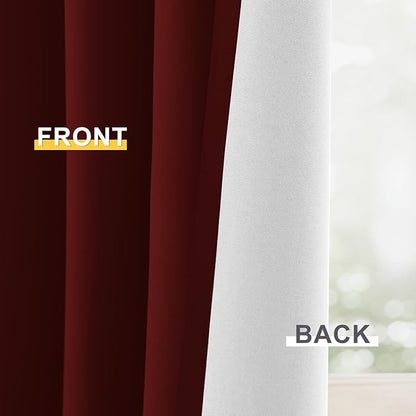 Yakamok 100% Blackout Curtain Panels 63 inches Cold and Light Blocking Drapes for Nursery, 2 Thick Layers Thermal Insulated Draperies (2 Pieces, 50 Wide Each Panel, Burgundy Red/White Backing)