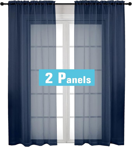 OVZME Navy Blue Sheer Curtains 2 Panel Sets 84" Inch Length - Transparent Light Weight Window Treatment Panels for Study Room/Living Room/Bedroom, Navy Blue, Per Panel W42 X L84 inches, 1 Pair