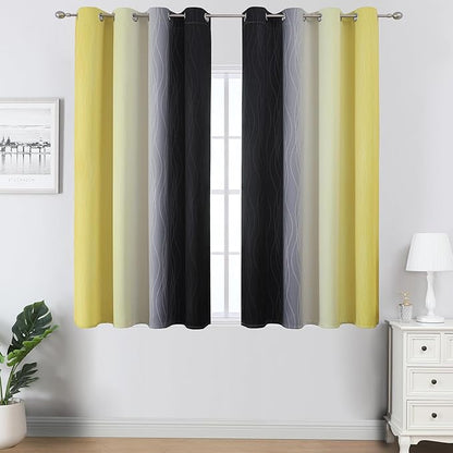 Estelar Textiler Black and Yellow Ombre Blackout Curtains 45 Inches Long, Full Room Darkening Gradient Drapes for Kitchen, Thermal Insulated Grommet Curtains for Short Window,52Wx45L,2 Panels