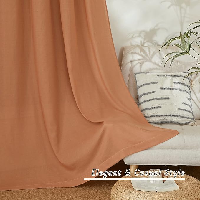 NICETOWN Flax Burnt Orange Linen Curtains for Room Divider, Grommet Top Thick Flax Semi Sheer Vertical Drapes Privacy Assured with Light Filtering for Sliding Glass Door, W68 x L84, 2 Pieces