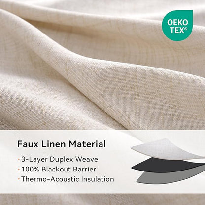 100% Blackout Shield Linen Blackout Curtains for Bedroom, Oatmeal Grommet Curtains for Living Room, Thermal Insulated Room Darkening Drapes for Nursery, Boho Home Decor, 50" W x 72" L, 2 Panels
