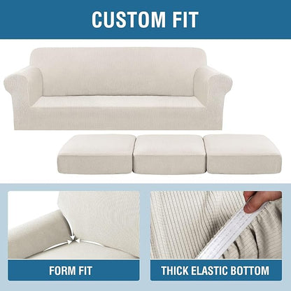 H.VERSAILTEX 4 Piece Stretch Sofa Covers for 3 Cushion Couch Covers for Living Room Furniture Slipcovers (Base Cover Plus 3 Seat Cushion Covers) Thicker Jacquard Fabric (Large Sofa, Ivory)