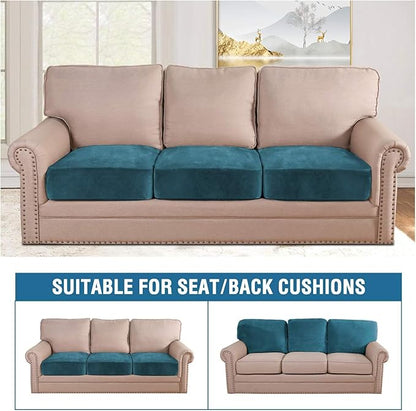 H.VERSAILTEX Velvet Stretch Couch Cushion Cover Plush Cushion Slipcover for Chair Loveseat Sofa Cushion Furniture Protector Seat Cushion Sofa Cover (3 Piece XL Sofa Cushion Covers, Deep Teal)