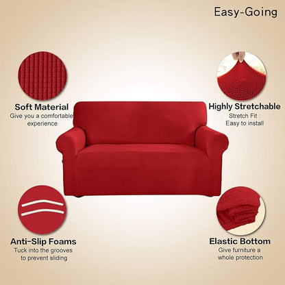 Easy-Going Stretch Oversized Sofa Slipcover 1-Piece Sofa Cover Furniture Protector Couch Soft with Elastic Bottom for Kids, Polyester Spandex Jacquard Fabric Small Checks Christmas Red