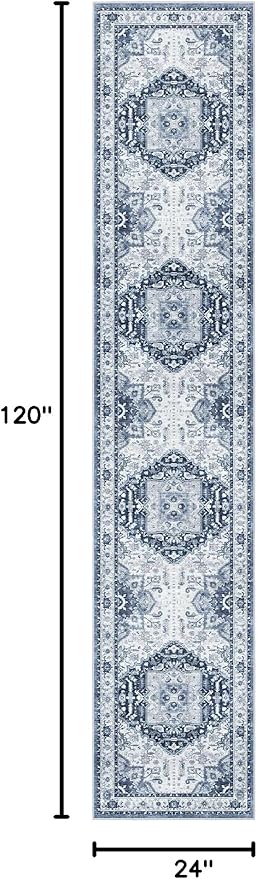 Madane Hallway Washable Runner Rug - 2x10 Kitchen Rugs Entryway Rug Runner Vintage Soft Floor Mat Non Slip Indoor Farmhouse Carpet for Bathroom Living Room Bedroom (2 X 10, Navy/White)