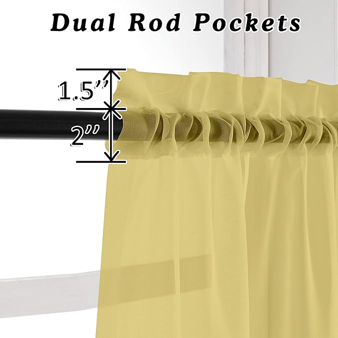 OVZME Mustard Yellow Sheer Curtains 63 Inches Length 2 Panels Rod Pocket Light Weight Soft Curtain Sheers, Voile Drapes for Basement Bathroom Bedroom Living Room, Each is 42W x 63L