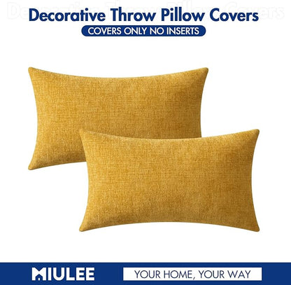 MIULEE Pack of 2 Mustard Yellow Throw Pillow Covers 12x20 Inch Soft Spring Chenille Lumbar Pillow Covers for Sofa Living Room Couch Solid Dyed Cases