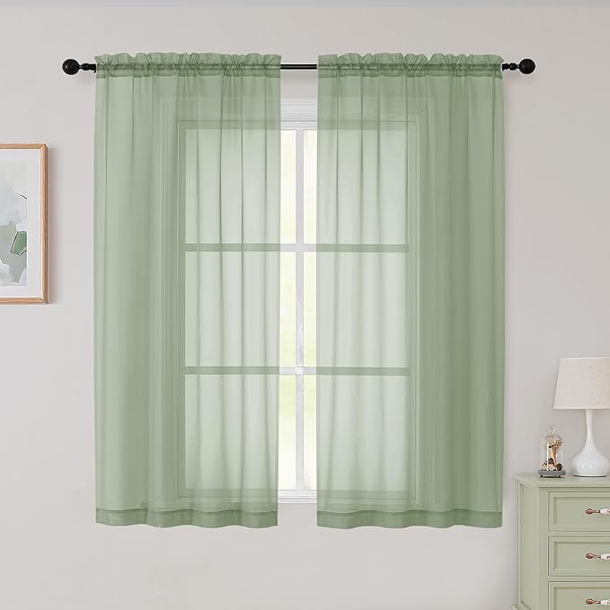 Sheer Sage Green Curtains for Bedroom Living Room 54 Inch Length 2 Panels Set, Solid Soft Airy Light Filtering Window Treatments, Modern Rod Pocket Drapes, Sage Green, 42" Wx54 L Inches