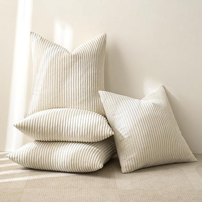 MIULEE Boho Farmhouse Throw Pillow Covers 18x18 Inch Set of 4 Mordern Nordic Cushion Covers Soft Corduroy Spring Home Decor for Couch Bed Sofa Living Room Cream White