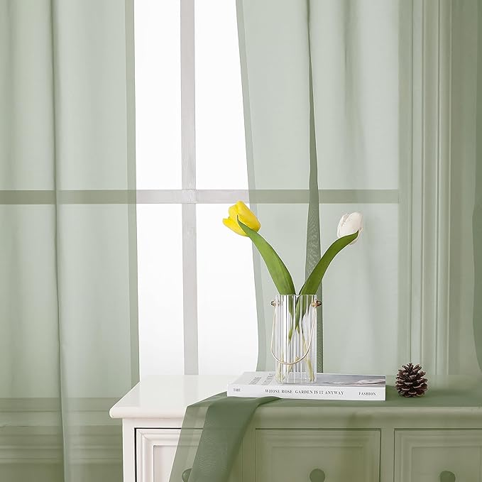 Lecloud Short Sheer Curtains 54 Inches Length 2 Panels, Light Filtering Voile Curtain Drapes for Half Window Kitchen Bedroom, Basic Rod Pocket Living Room Sheer Curtains, 40Wx54L Inches, Sage Green