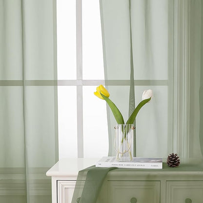 Lecloud Short Sheer Curtains 54 Inches Length 2 Panels, Light Filtering Voile Curtain Drapes for Half Window Kitchen Bedroom, Basic Rod Pocket Living Room Sheer Curtains, 40Wx54L Inches, Sage Green