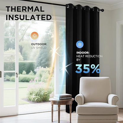 Joydeco Blackout Curtains 90 Inches Long 1 Panel, Thermal Insulated Long Curtains& Drapes 1 Piece, Room Darkening Grommet Drapes for Living Room Bedroom Window (W70 x L90 Inch, Black)