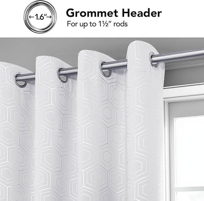Deconovo White Curtains, Room Darkening Living Room Curtain, Thermal Insulated Soundproof Drapes, Hexagon Silver Print Pattern, 52 x 72 Inch, Grommet Panel for Bedroom Kitchen Office Nursery, Set of 2