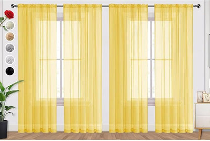 SpaceDresser Yellow Sheer Curtains 4 Panels Rod Pocket Semi-Sheer Curtain 54 Inches Long Light Filtering Voile Window Drapes for Bedroom Living Room Kitchen, Each 52W x54L