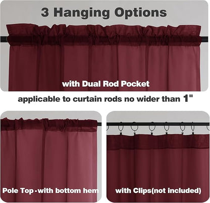 Chyhomenyc Burgundy Sheer Valances for Windows - Light Filtering Small Kitchen Curtains, Rod Pocket Short Top Window Treatment Decor for Living Room Bathroom Basement, 42Wx16L inches, 2 Panels