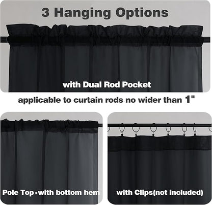 Chyhomenyc Sheer Curtains 36 Inch Length, Short Voile Sheer Window Curtians for Small Window Bathroom Cafe Living Room Farmhouse, 2PCS, 42W x 36L inches, Rod Pocket, Black