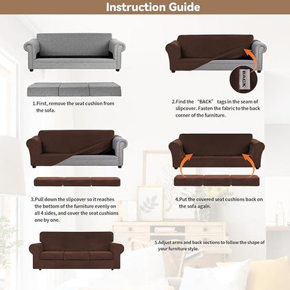 WEERRW 4 Pieces Velvet High Stretch Couch Covers for 3 Cushion Couch Sofa Slipcovers, Washable Furniture Protector with Non Slip Elastic Bottom, Feature Soft and Thick Plush Fabric, Chocolate, Large
