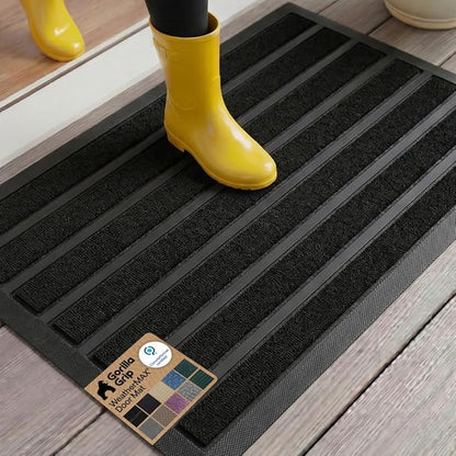 GORILLA GRIP 100% Waterproof All-Season WeatherMAX Doormat US Designed Natural Rubber, Stain and Fade Resistant, Low Profile Indoor Outdoor Door Mats, Easy Clean Patio Mat, 29x17, Black Stripe