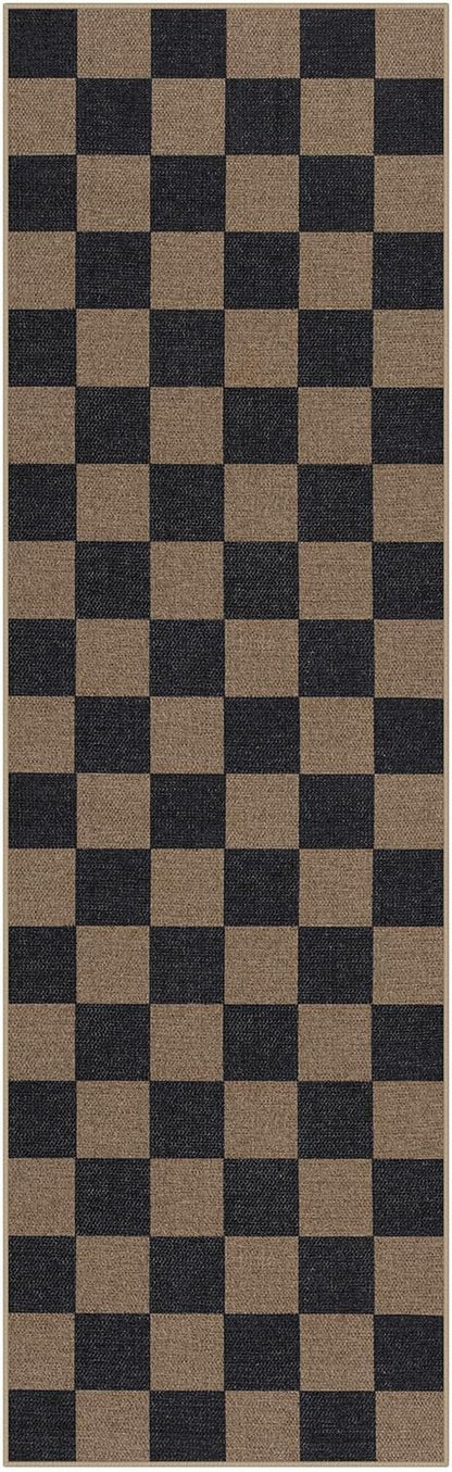 Lahome Colette Checkered Easy Jute 2x8 Runner Rug, Washable Kitchen Runner Rug Non Slip for Entryway Indoor, Checkerboard Black Indoor Outdoor Carpet for Hallway 8ft Entry Laundry Porch