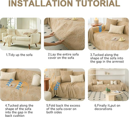 HANDONTIME Washable Couch Covers for Sofa Boho Couch Covers for 3 Cushion Sofa Pet Friendly Camel Chenille Jacquard Couch Protector for Dogs Plant Branch Sectional Cover Sofa Slipcovers, 71" X 150"