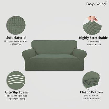 Easy-Going Stretch Oversized Loveseat Slipcover 1-Piece Sofa Cover Furniture Protector Couch Soft with Elastic Bottom for Kids Polyester Spandex Jacquard Fabric Small Checks Greyish Green
