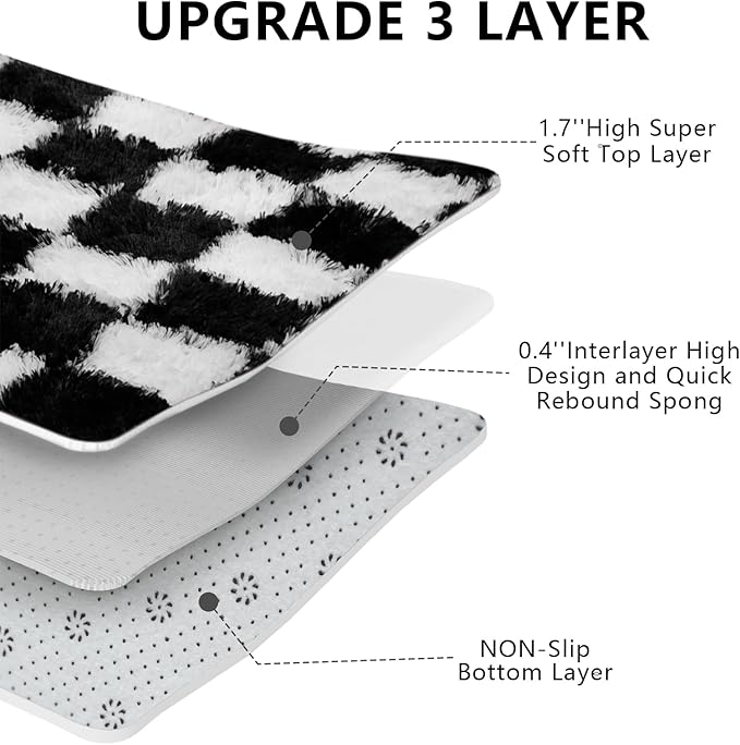 Large Area Rugs for Living Room Bedroom,9x12 Black and White Fluffy Soft Checkered Rug Fuzzy Shag Shaggy Carpet, Indoor Plush Floor Rugs for Kids Boys Girls Teen Dorm Nursery Home Decor
