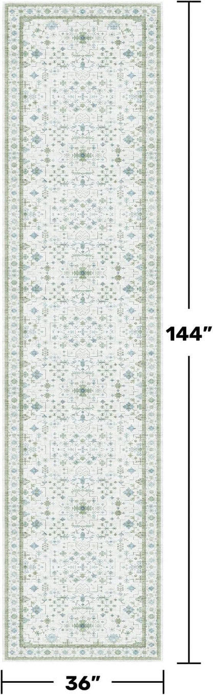 Hazo Haus Oushak 3x12 Wide Hallway Runner Rug - Vintage Turkish Floral, Washable Low Pile Non Slip 12ft Long Runners for Large Kitchen, Hall Way - Light Blue and Green