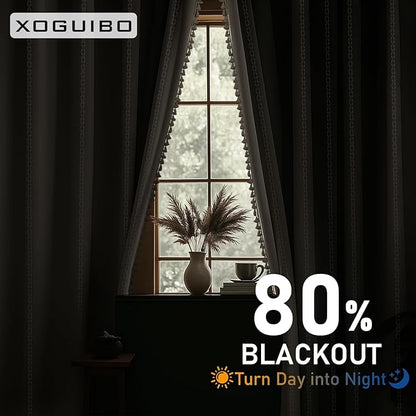 Boho 80% Blackout Curtains with Gray Liner 96 Inches Long 2 Panels Set, Beige Linen Blend Drapes with Tassels and Cotton Embroidered for Living Room Bedroom