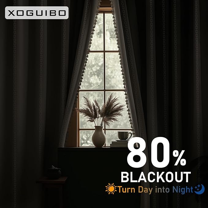 Boho 80% Blackout Curtains with Gray Liner 90 Inches Long 2 Panels Set, Beige Linen Blend Drapes with Tassels and Cotton Embroidered for Living Room Bedroom