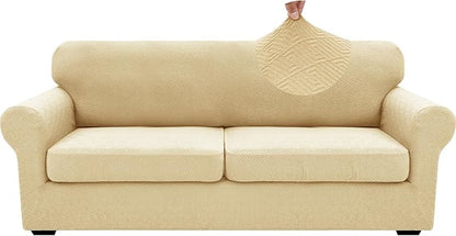 XINEAGE 2026 New 3 Pieces Couch Covers for 2 Extra Large Cushion Sofa Super Stretch Sofa Cover for 2 Large Seat Cushion Universal Loveseat Slip Cover for Living Room (Beige), 71"-91"(2 Cushions)