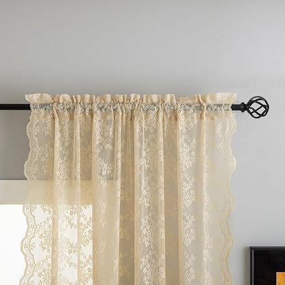 YJ YANJUN Vintage Lace Curtains 84 Inches Long-Retro Floral Beige Sheer Curtain Panels for Living Room Bedroom Shabby Chic Crochet Drapes Grandma Core Decor Light Filtering Pair W52 X L84 Light Beige