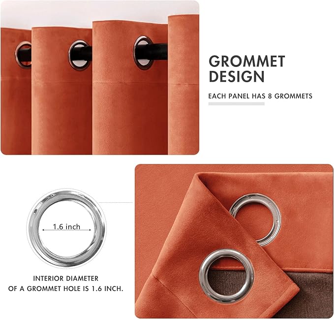 MIULEE Fall Velvet Curtains Elegant Grommet Burnt Orange Curtain Thermal Insulated Soundproof Room Darkening Rust Terracotta Curtains/Drapes for Living Room Bedroom Decor 52 x 84 Inch Set of 2