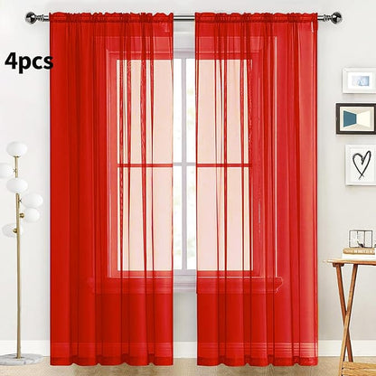 SpaceDresser Sheer Red Curtains 4 Panels Rod Pocket Semi-Sheer Curtain 90 Inches Long Light Filtering Voile Window Drapes for Bedroom Living Room Kitchen, Each 52W x 90L