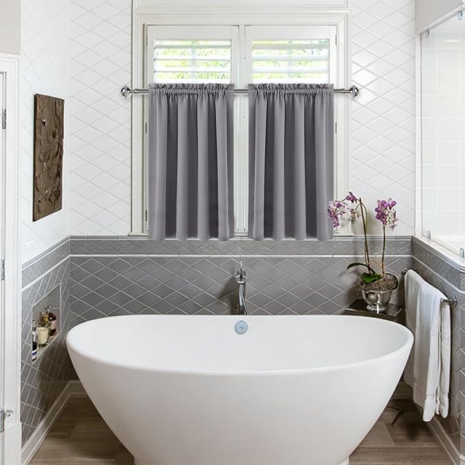 DWCN Short Grey Blackout Curtains for Small Window, Thermal Insulated Energy Saving Room Darkening Curtains for Kitchen/Bedroom (W42 x L36 inch, Set of 2 Panels, Top of Rod Pocket)