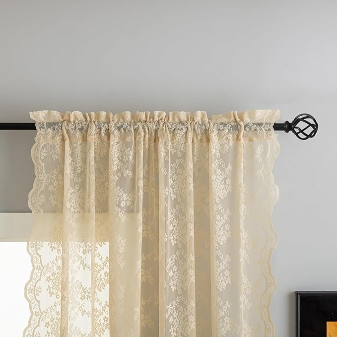 YJ YANJUN Vintage Lace Curtains-Victorian Floral Sheer 80 inch Long Curtains for Closet Without Door Living Room Hallway Light Filtering Retro Closet Door Covering Ideas 1 Pair W52 X L80 Light Beige