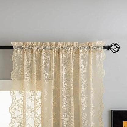 YJ YANJUN Vintage Lace Curtains-Victorian Floral Sheer 80 inch Long Curtains for Closet Without Door Living Room Hallway Light Filtering Retro Closet Door Covering Ideas 1 Pair W52 X L80 Light Beige