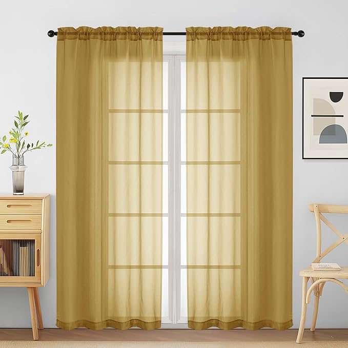 Gold Sheer Curtains for Window 72 inches Long 2 Panels Set, Soft Airy Modern Light Filtering Sheer Curtains for Living Room Bedroom, Dual Rod Pocket Solid Window Drapes, 2x42Wx72L inches