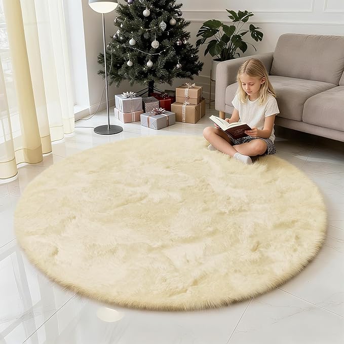 yulidayang Fluffy Round Area Rugs for Bedroom,Ivory 3'X3'Shag Circle Area Rugs for Girls Room,Non Slip Fuzzy Plush Rug for Kids Room Living Room and Dorm Home Rug
