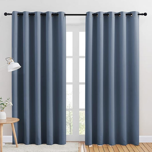 NICETOWN Blackout Draperies Curtains for Kids Room, Window Treatment Thermal Insulated Solid Grommet Blackout Drape Panels for Bedroom (Stone Blue, Set of 2, 70 by 84 inches)