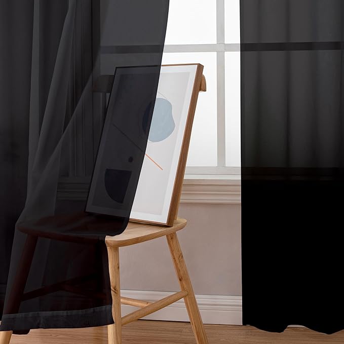 Simplebrand Black Sheer Curtains 63 Inch Length 2 Panels, Rod Pocket Solid Color Window Sheer Curtain Panels, Elegant Curtains & Drapes for Living Room, Bedroom 2 Panels (Black, 42" W x 63" L)