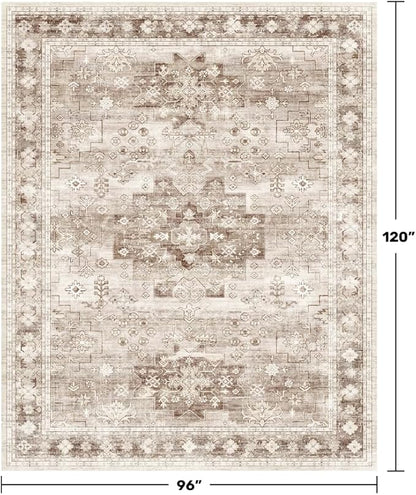 Washable Farmhouse Living Room Rug, 8x10 Area Rugs for Bedroom, Dining Room Under Table Carpet, Kids Room, Large Boho Vintage Non-Slip Floral Rugs Low Pile Stain Resistant (8x10 Beige/Latte)