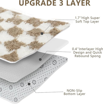 Large Shag Area Rug for Bedroom, 9x12 Ft Beige and White Area Rug Classic Checkered Shaggy Anti-Skid High Pile Soft Fluffy Rug Fuzzy Carpet for Living Room Bedroom Kids Room Nursery, Dorm Home Decor