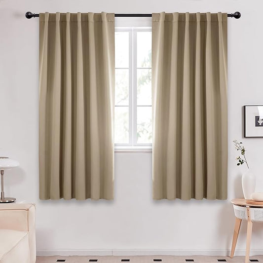 Deconovo Solid Room Darkening Panels Back Tab and Rod Pocket Curtains Blackout Thermal Insulated Curtains for Living Room 52Wx63L Inch Khaki 2 Panels