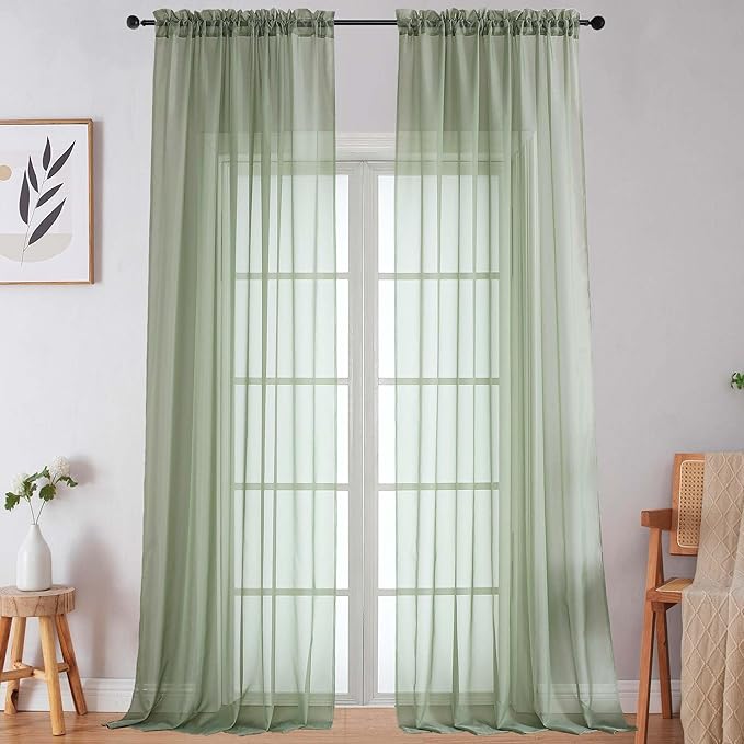 Extra Long Sage Green Sheer Curtains for Bedroom Living Room 120 Inches Long 2 Panels Set, Solid Soft Light Filtering Rod Pocket Sheer Window Curtains, Each 59" Wx120 L Inch