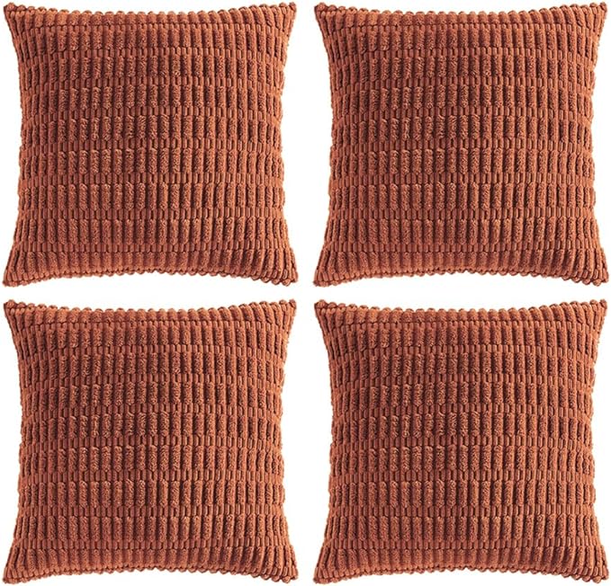 Fancy Homi 4 Packs Rust Decorative Throw Pillow Covers 16x16 Inch for Living Room Couch Bed Sofa, Terracotta Rustic Farmhouse Boho Home Decor, Soft Plush Striped Corduroy Square Cushion Case 40x40 cm