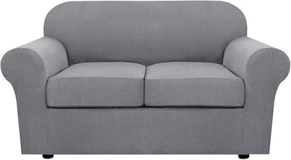 H.VERSAILTEX 3 Piece Stretch Sofa Covers for 2 Cushion Loveseat Couch Covers for Living Room Sofa Slipcovers (Base Cover Plus 2 Seat Cushion Covers) Thicker Jacquard Fabric(Medium Sofa, Dove)