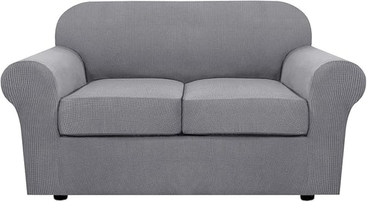 H.VERSAILTEX 3 Piece Stretch Sofa Covers for 2 Cushion Loveseat Couch Covers for Living Room Sofa Slipcovers (Base Cover Plus 2 Seat Cushion Covers) Thicker Jacquard Fabric(Medium Sofa, Dove)