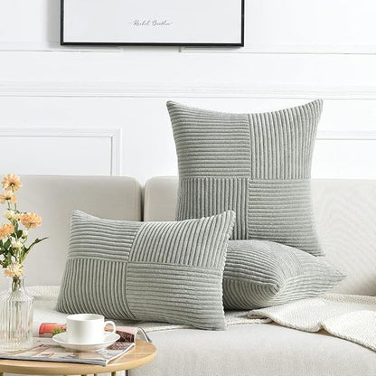 Fancy Homi 2 Packs Grey Lumbar Decorative Throw Pillow Covers 14x24 Inch for Living Room Couch Bed Sofa, Rustic Farmhouse Boho Home Decor, Soft Striped Corduroy Rectangle Accent Cushion Case 35x60 cm